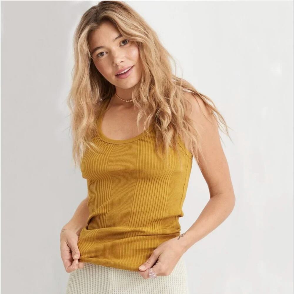 NWT Aerie No BS Textured Ribbed Tank Top Mustard Yellow Size L